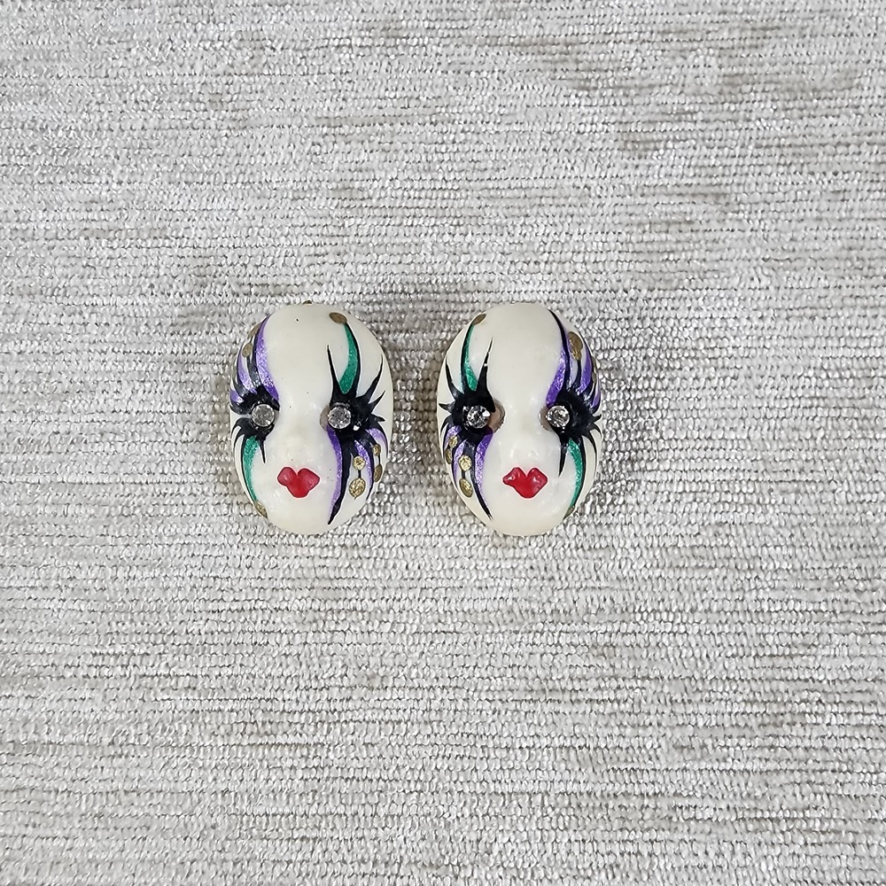 Clown Face Porcelain Cameos Set Of 2 Small 2/3in Crystal Accent Jester Circus